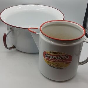 Vintage Kanawha Porcelain White Enamelware Jug and Pot With Handles